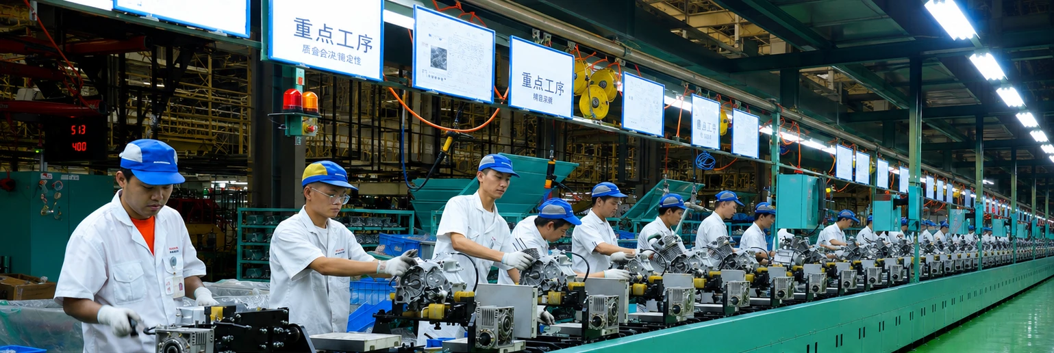Manufacturing production line — workers assembling engines